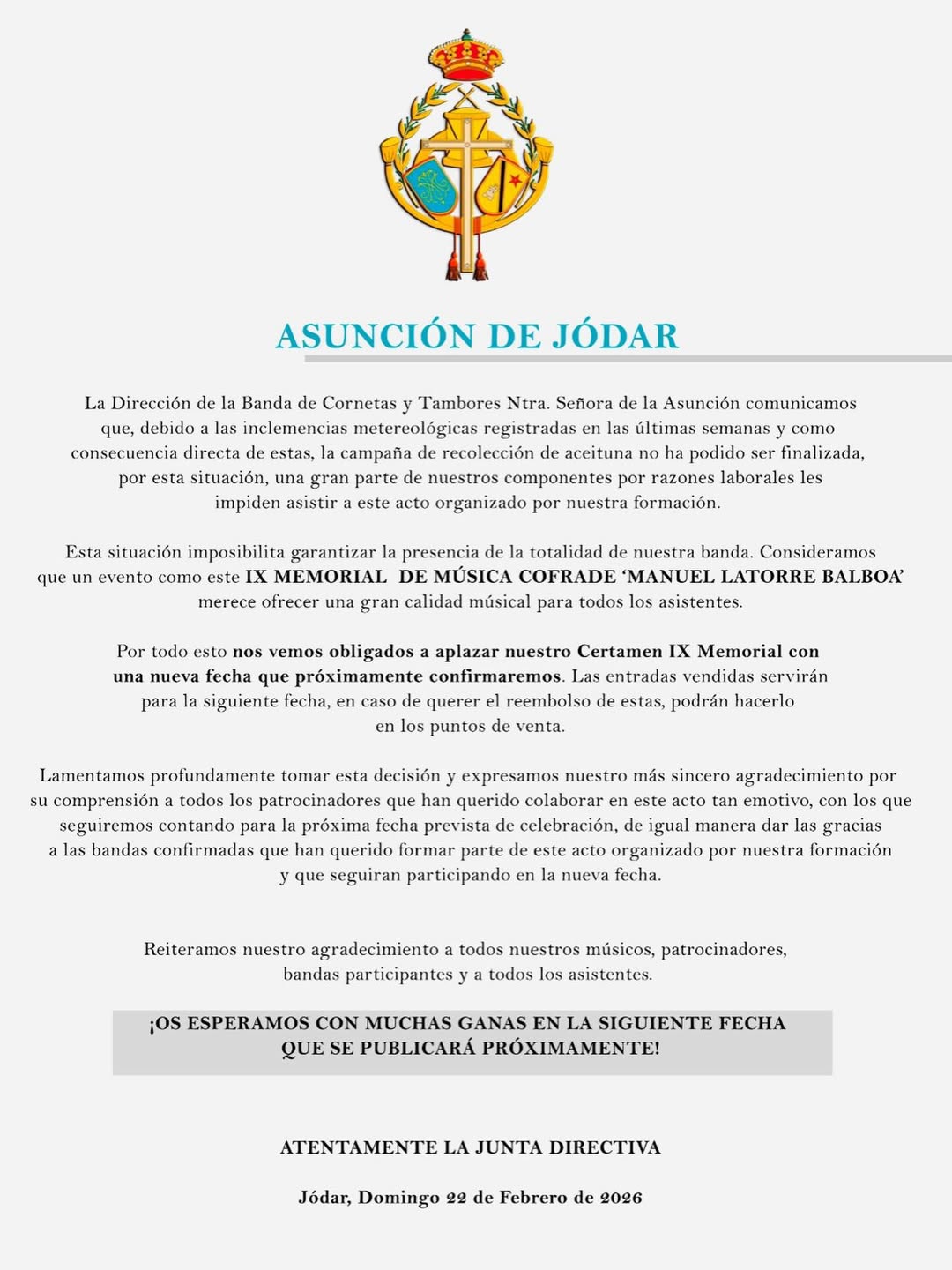 APLAZAMIENTO "IX MEMORIAL DE MÚSICA COFRADE MANUEL LATORRE BALBOA"